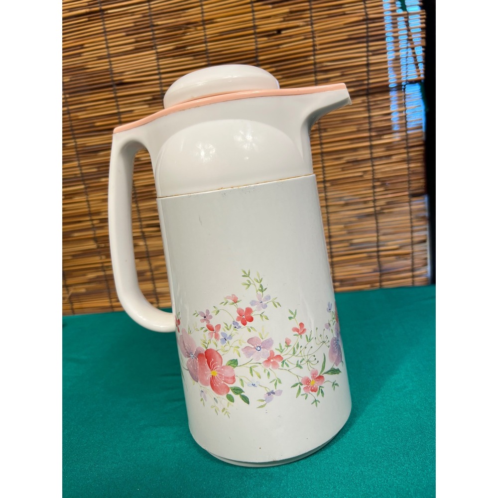 Vintage 80s Floral Thermal Carafe Pink Purple Flowers Peach Push Button Lid